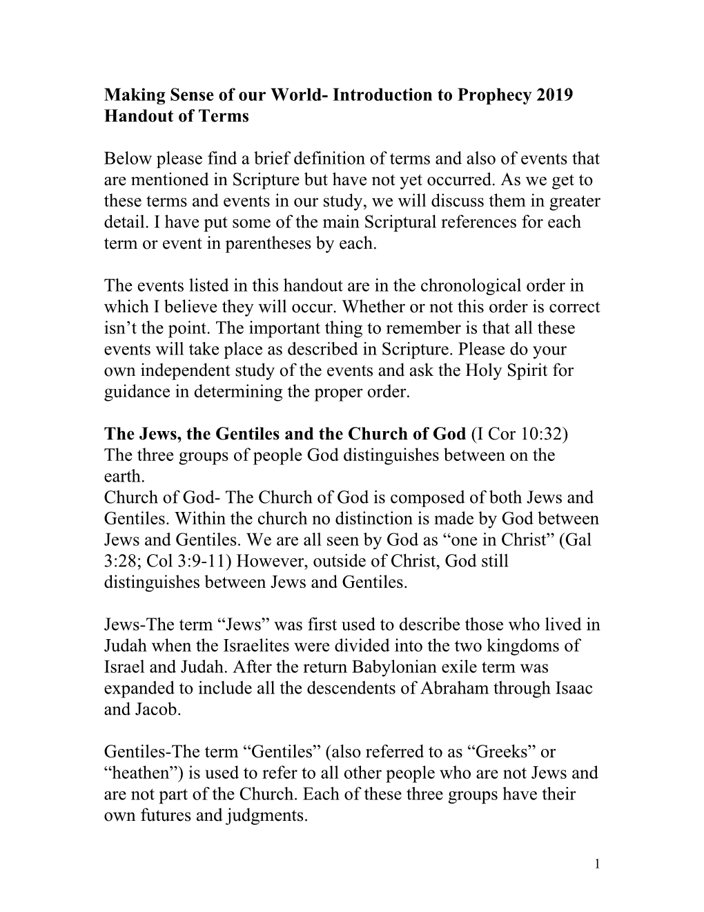 Making Sense of Our World- Introduction to Prophecy 2019 Handout of Terms
