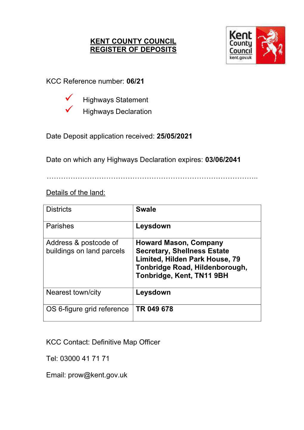 06 21 Leysdown Highways Statement and Declaration