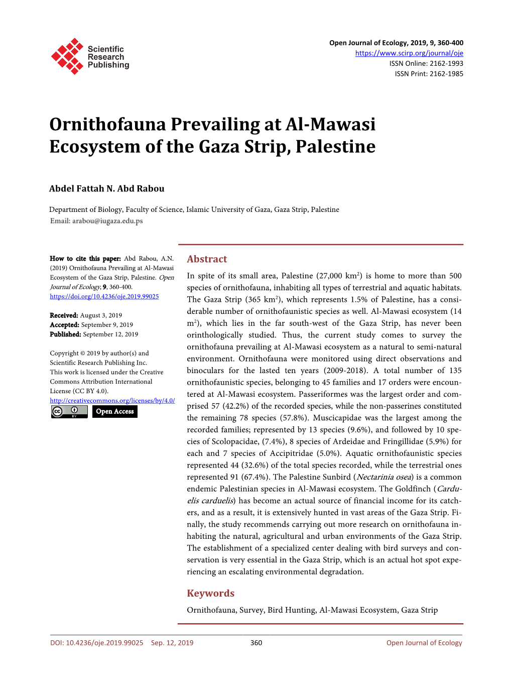 Ornithofauna Prevailing at Al-Mawasi Ecosystem of the Gaza Strip, Palestine