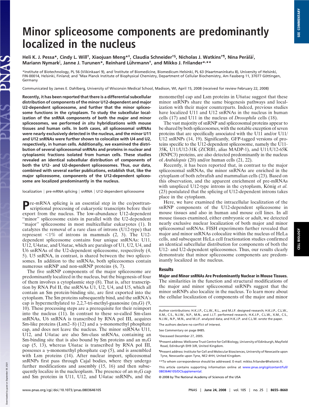 Minor Spliceosome Components Are Predominantly Localized in The