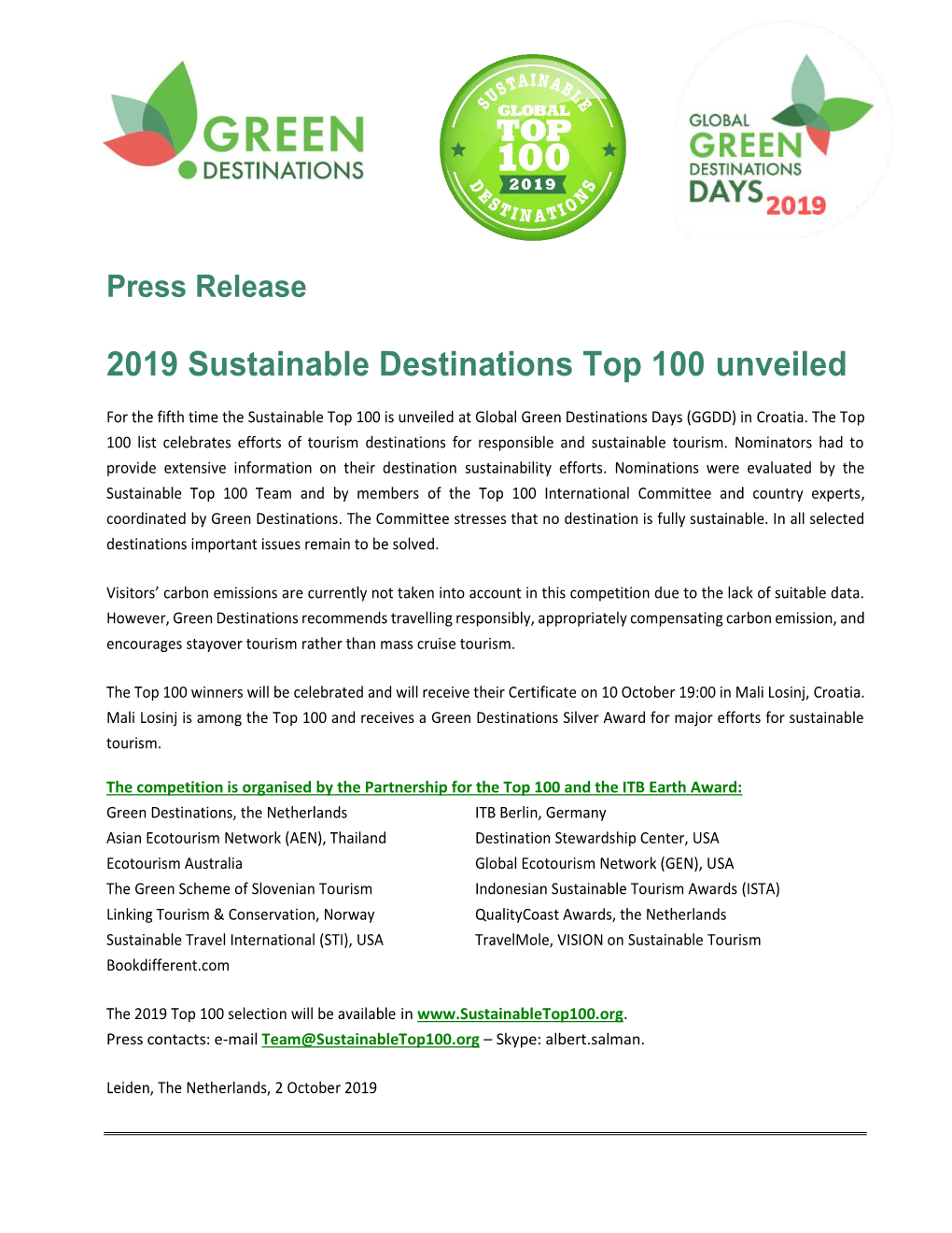 2019 Sustainable Destinations Top 100 Unveiled