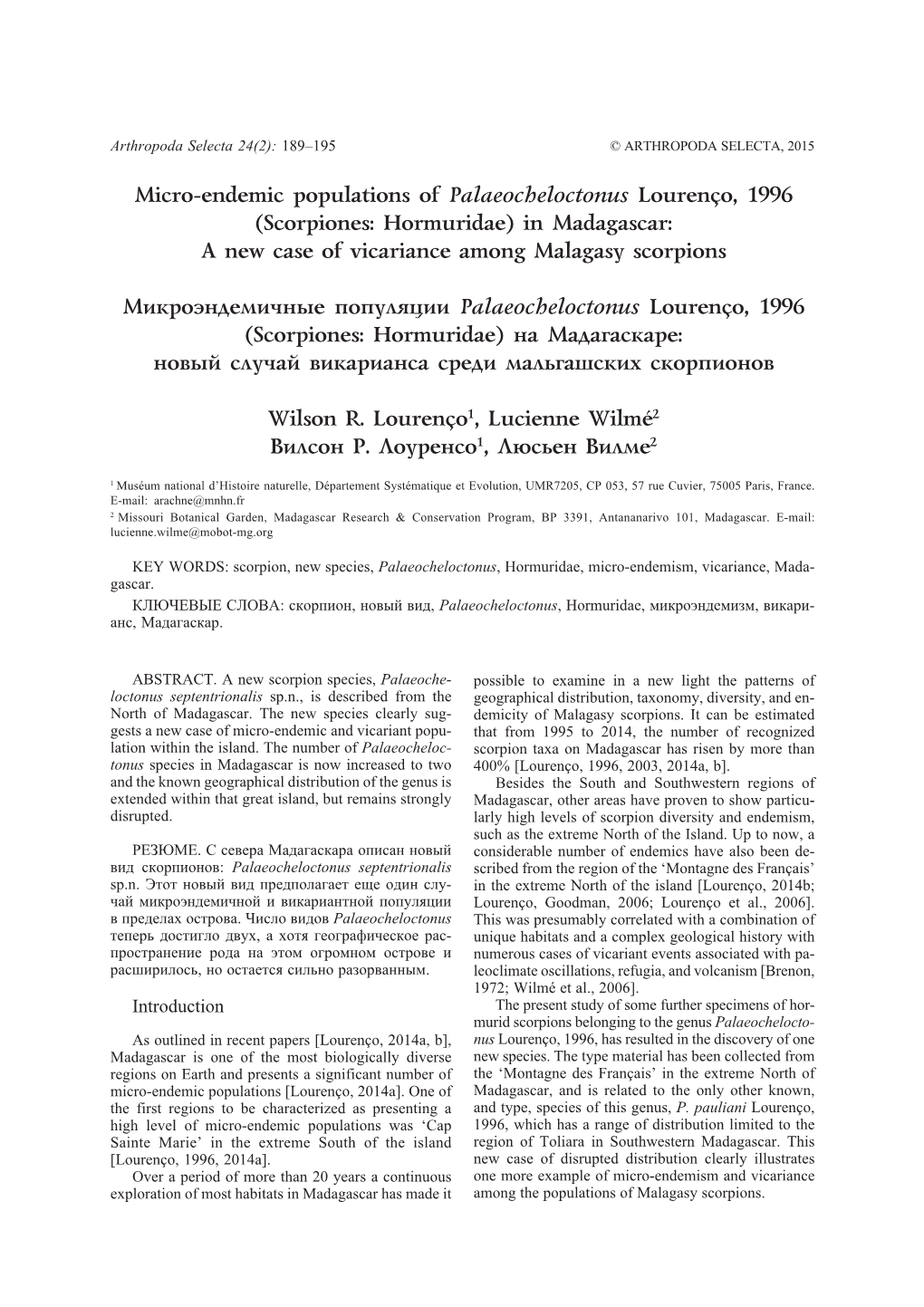 Micro-Endemic Populations of Palaeocheloctonus Lourenço, 1996 (Scorpiones: Hormuridae) in Madagascar: a New Case of Vicariance Among Malagasy Scorpions