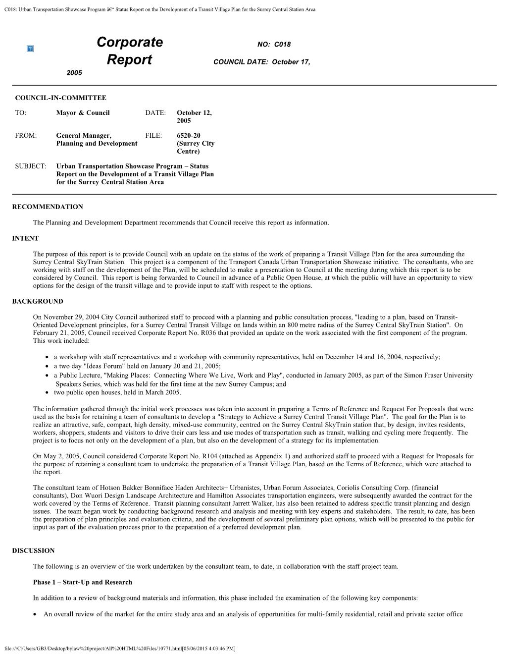 Status Report on the Development of a Transit Village Plan for the Surrey Central Station Area