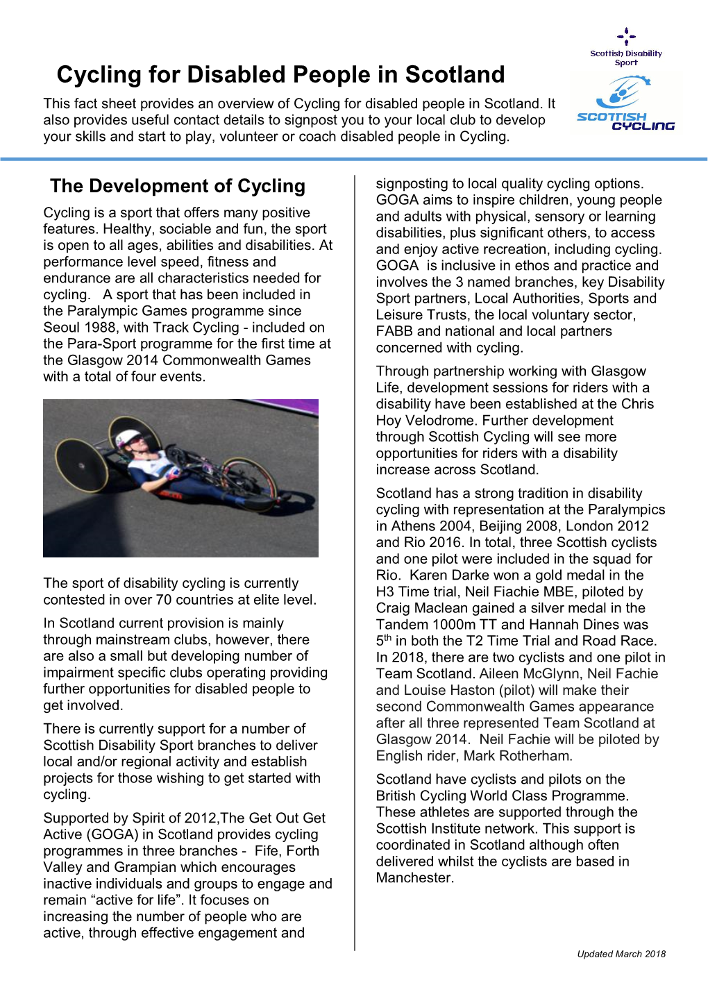 Cycling for Disabled People in Scotland This Fact Sheet Provides an Overview of Cycling for Disabled People in Scotland