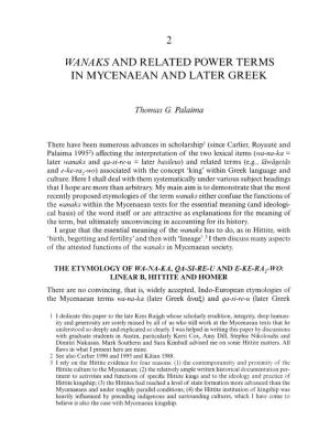 Wanaks and Related Power Terms in Mycenaean and Later Greek