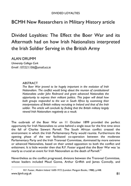 BCMH New Researchers in Military History Article Divided Loyalties