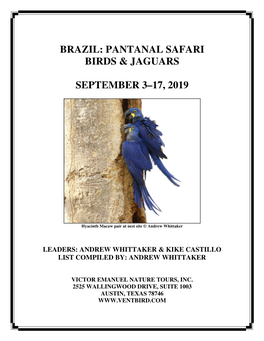 Brazil: Pantanal Safari Birds & Jaguars September 3–17, 2019