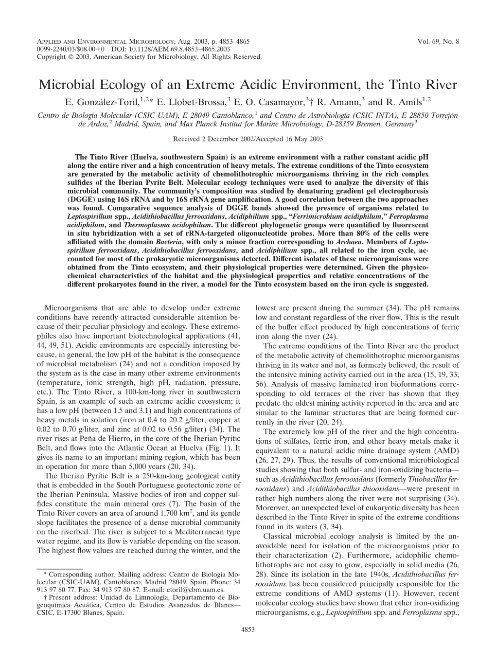 Microbial Ecology of an Extreme Acidic Environment, the Tinto River E