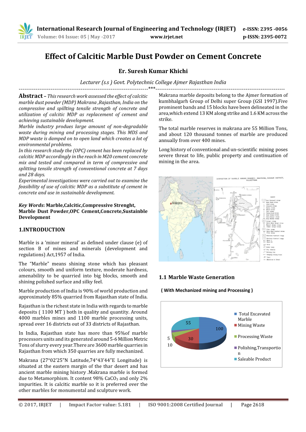 Effect of Calcitic Marble Dust Powder on Cement Concrete