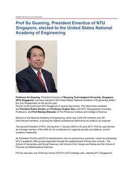 Prof Su Guaning, President Emeritus of NTU Singapore, Elected to the United States National Academy of Engineering