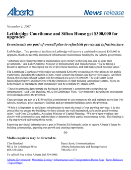 Lethbridge Courthouse and Sifton House Get $300,000 for Upgrades Investments Are Part of Overall Plan to Refurbish Provincial Infrastructure
