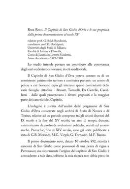 Il Capitolo Di San Giulio D'orta E Le Sue Proprietà Dalla Prima Documentazione Al Secolo XV