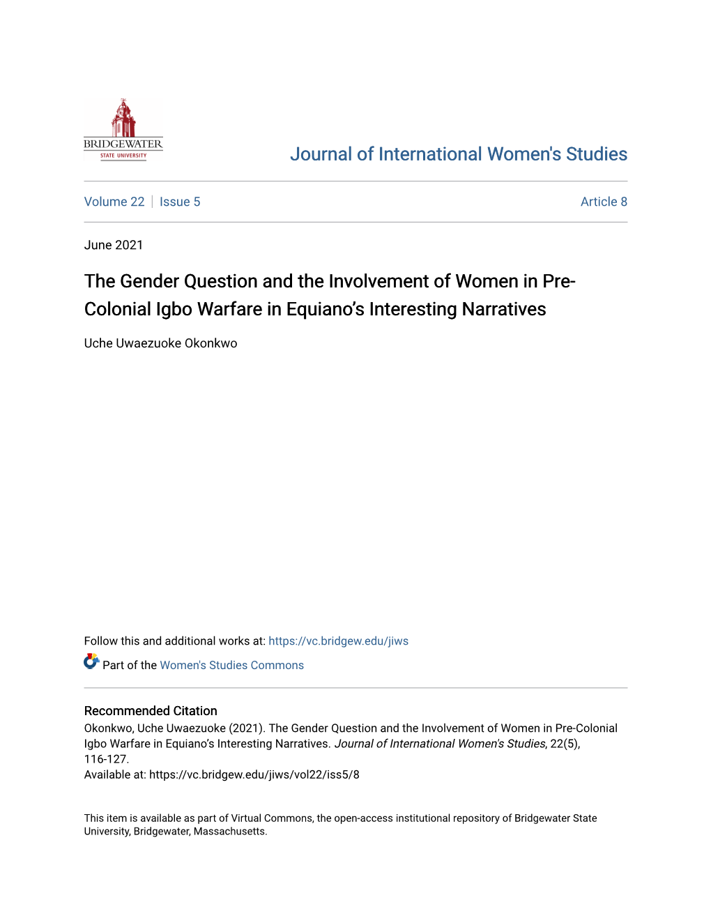 The Gender Question and the Involvement of Women in Pre-Colonial Igbo Warfare in Equiano's Interesting Narratives