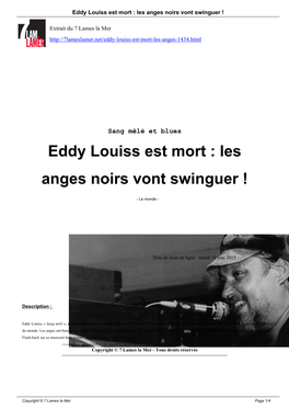 Eddy Louiss Est Mort : Les Anges Noirs Vont Swinguer !