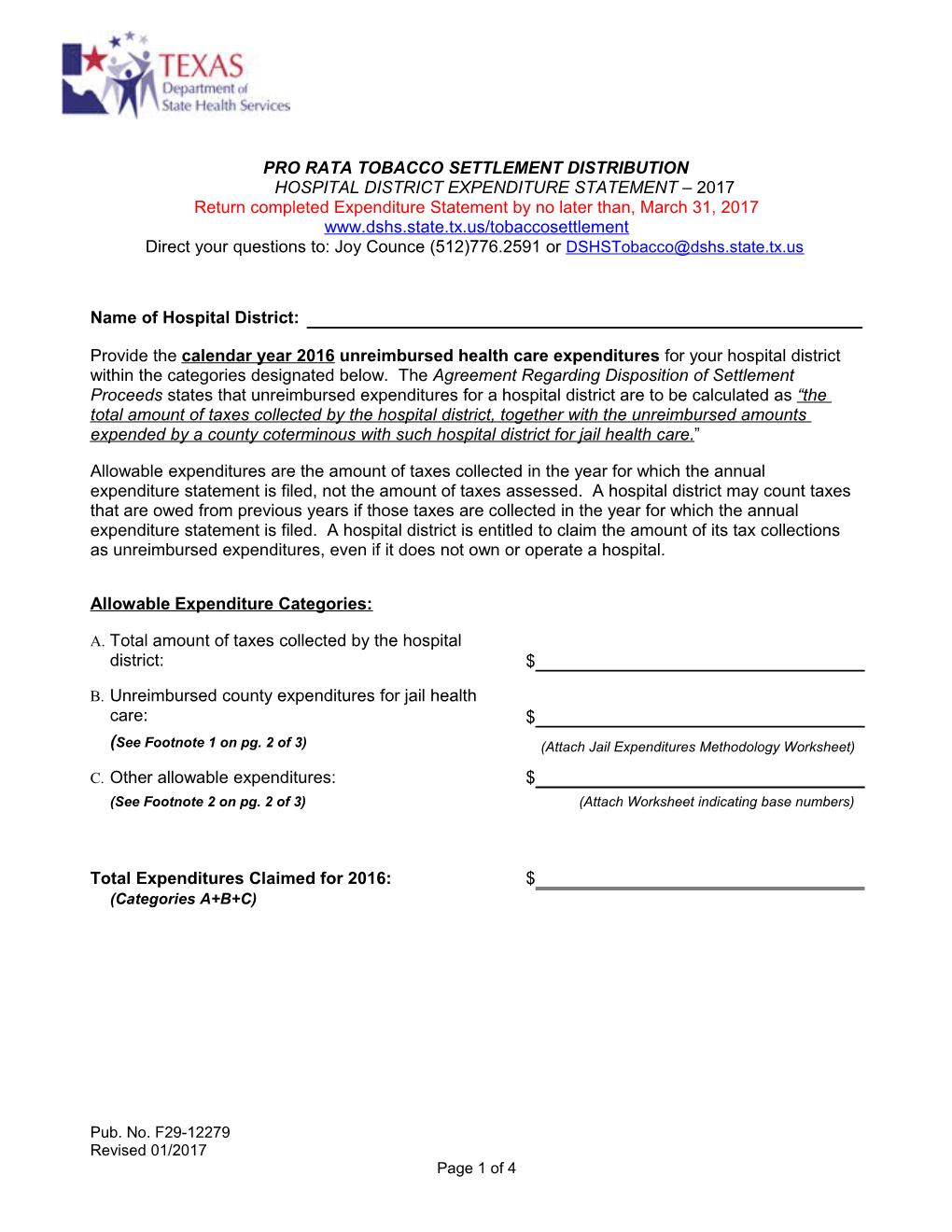 Pro Rata Tobacco Settlement Distribution Hospital District Expenditure Statement 2017