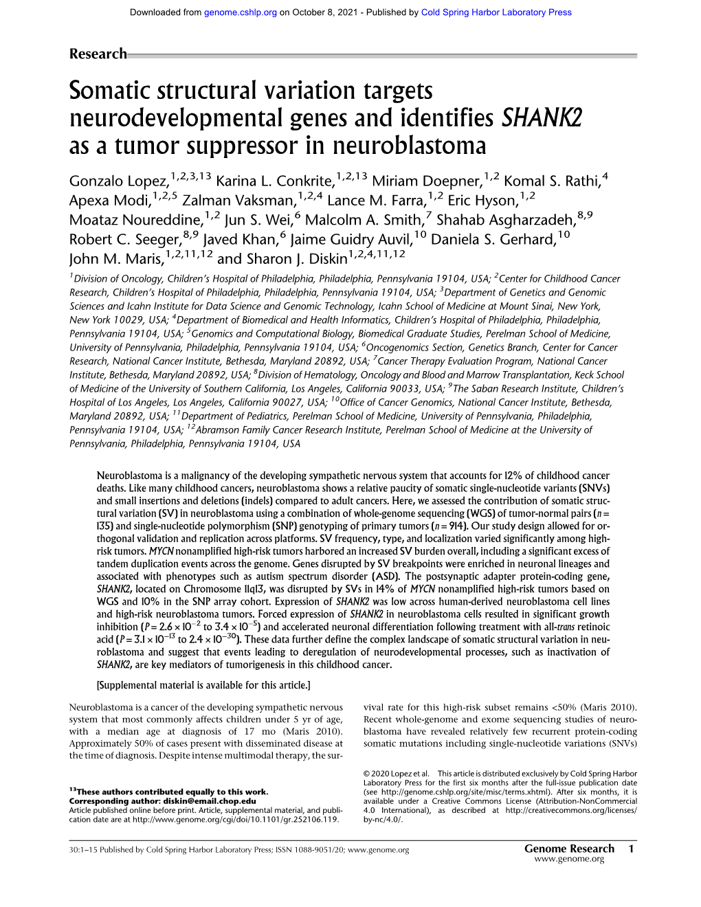 Somatic Structural Variation Targets Neurodevelopmental Genes and Identifies SHANK2 As a Tumor Suppressor in Neuroblastoma