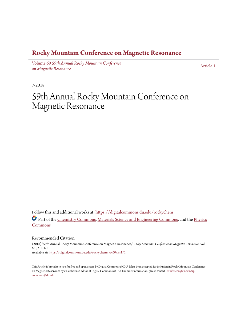 59Th Annual Rocky Mountain Conference on Magnetic Resonance