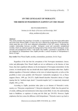 On the Genealogy of Morality. the Birth of Pessimism in Zapffe’S on the Tragic
