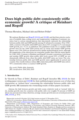 Does High Public Debt Consistently Stifle Economic Growth? a Critique of Reinhart and Rogoff’, PERI Working Paper No
