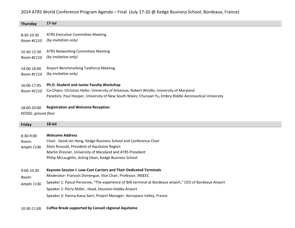 2014 ATRS World Conference Program Agenda – Final (July 17-20 @ Kedge Business School, Bordeaux, France)