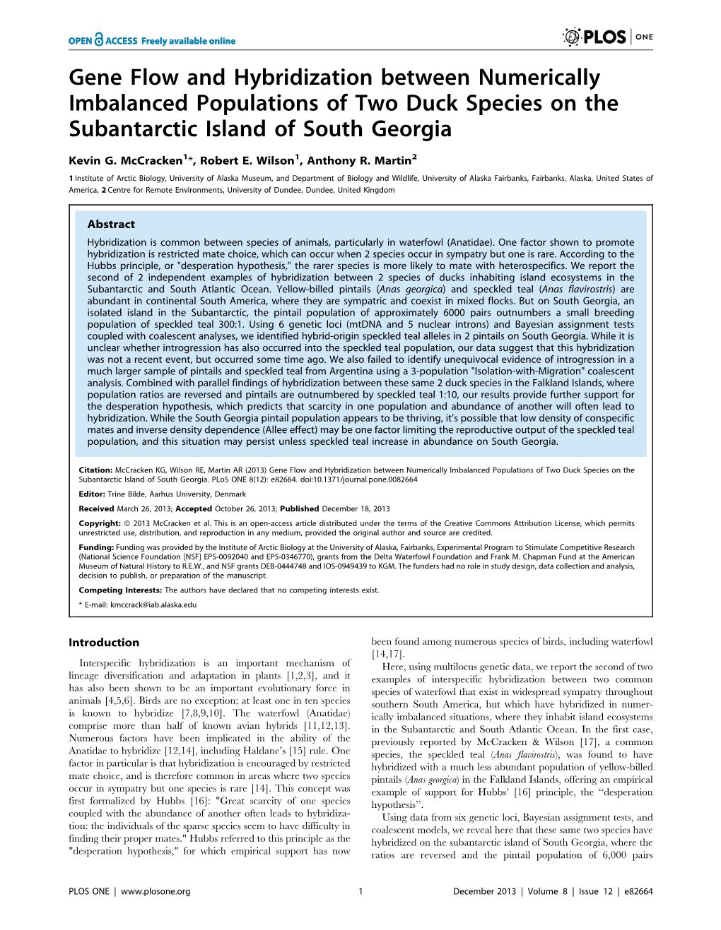 Gene Flow and Hybridization Between Numerically Imbalanced Populations of Two Duck Species on the Subantarctic Island of South Georgia