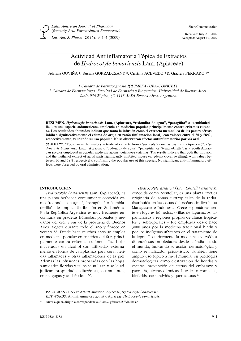 Actividad Antiinflamatoria Tópica De Extractos De Hydrocotyle Bonariensis Lam. (Apiaceae)