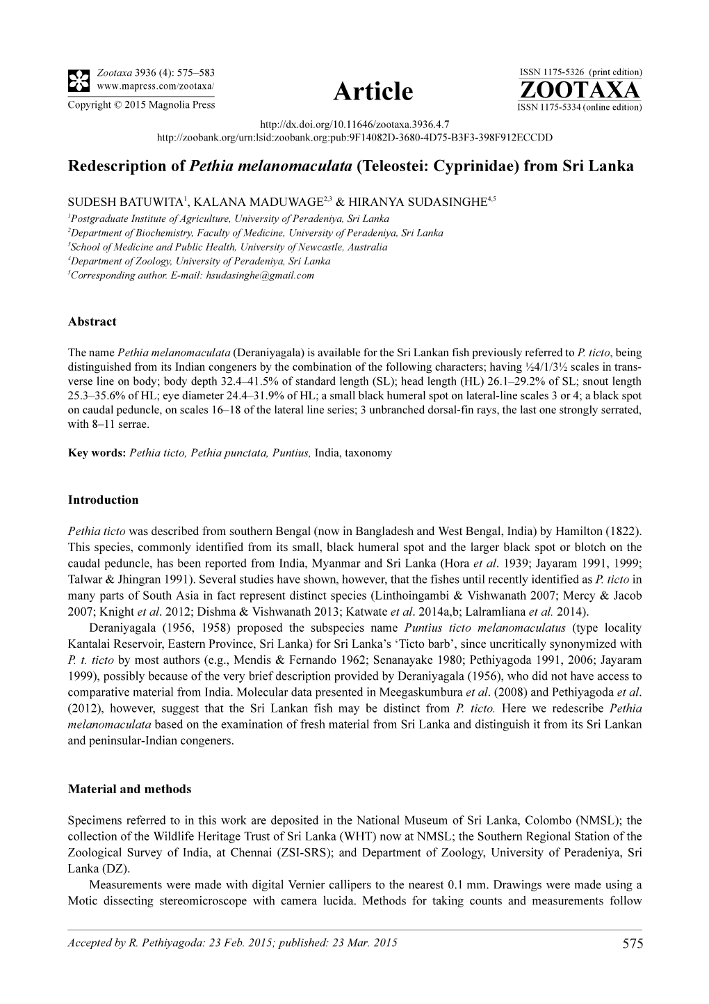 Redescription of Pethia Melanomaculata (Teleostei: Cyprinidae) from Sri Lanka