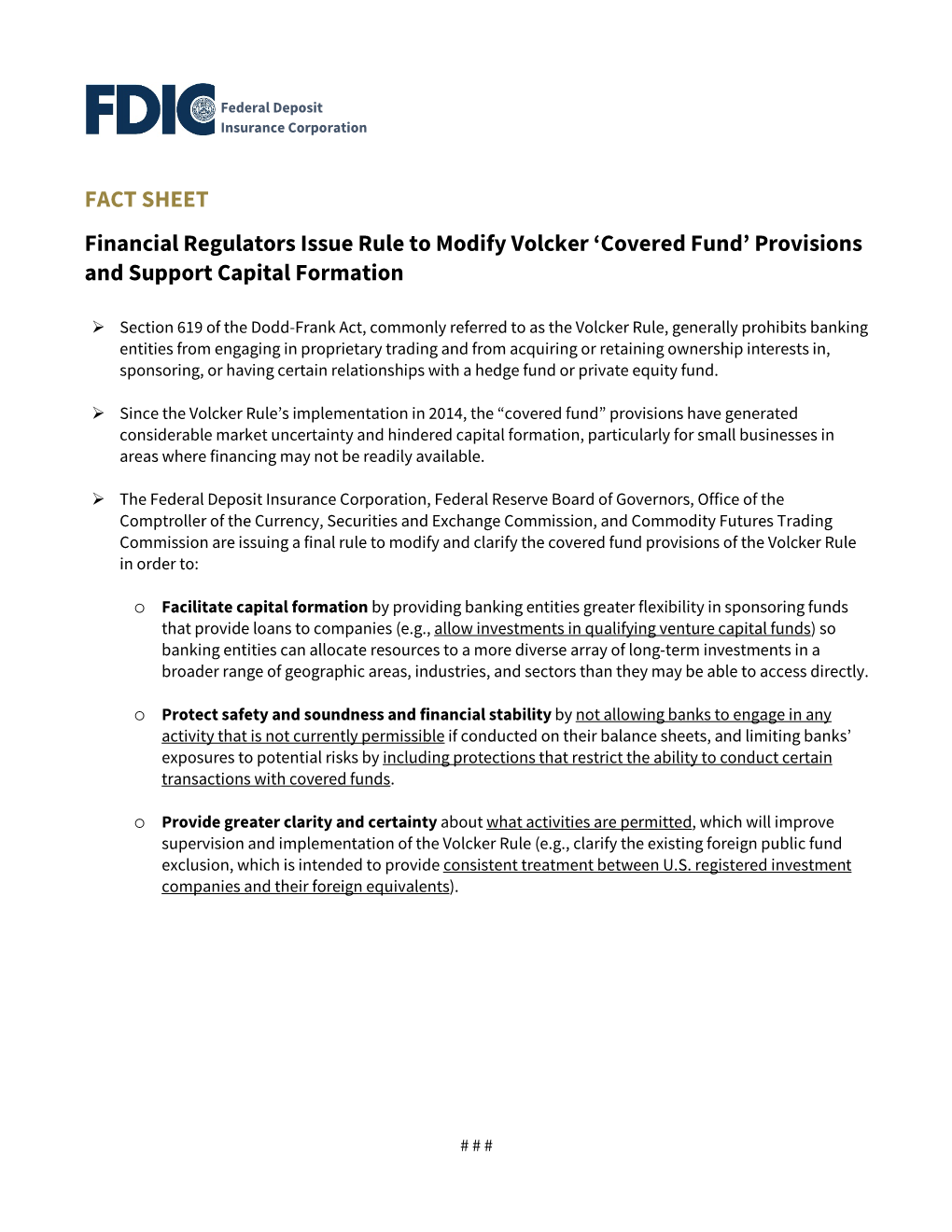 Covered Fund’ Provisions and Support Capital Formation