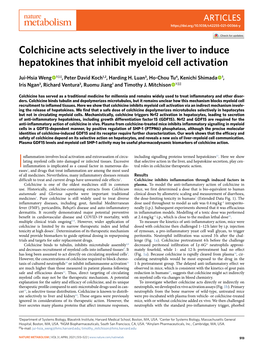 Colchicine Acts Selectively in the Liver to Induce Hepatokines That Inhibit Myeloid Cell Activation