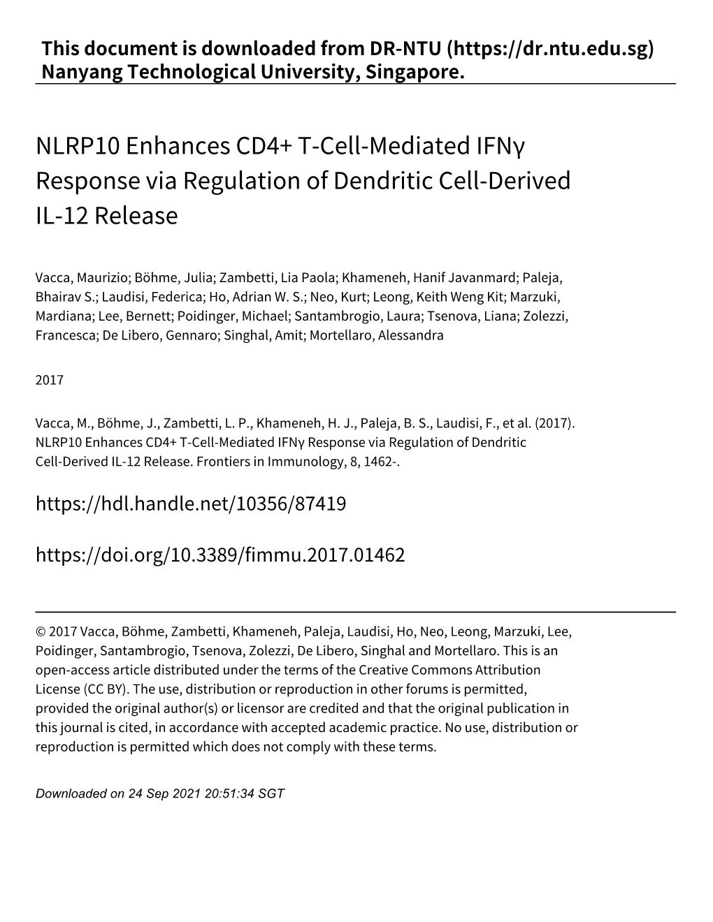 NLRP10 Enhances CD4+ T‑Cell‑Mediated Ifnγ Response Via Regulation of Dendritic Cell‑Derived IL‑12 Release