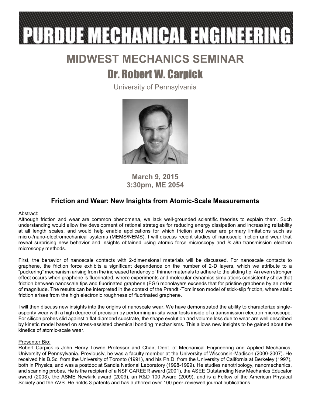 MIDWEST MECHANICS SEMINAR Dr. Robert W. Carpick