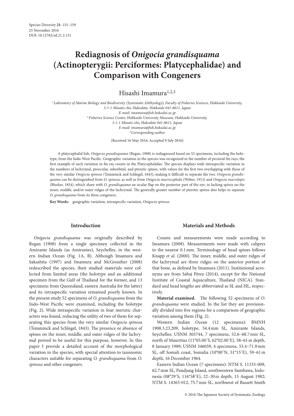 Rediagnosis of Onigocia Grandisquama (Actinopterygii: Perciformes: Platycephalidae) and Comparison with Congeners