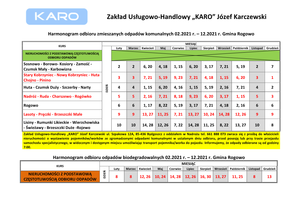 Harmonogram Odbioru Odpadów Komunalnych W 2021 R. Na Terenie