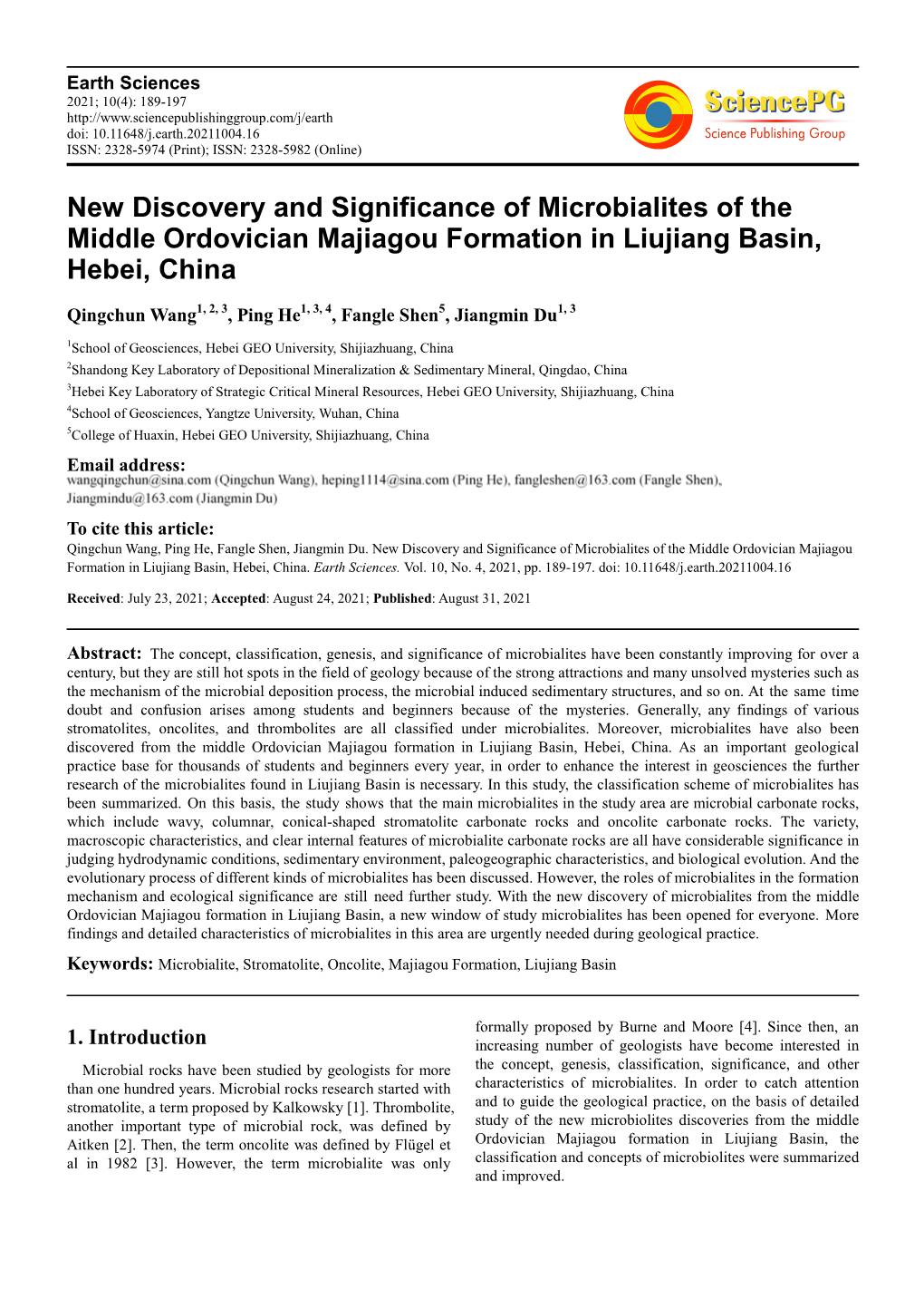 New Discovery and Significance of Microbialites of the Middle Ordovician Majiagou Formation in Liujiang Basin, Hebei, China