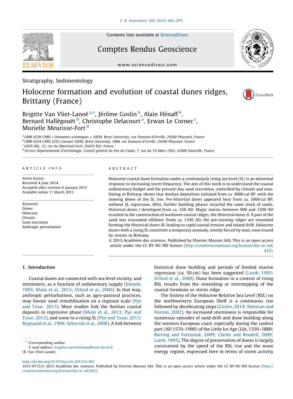 Holocene Formation and Evolution of Coastal Dunes Ridges