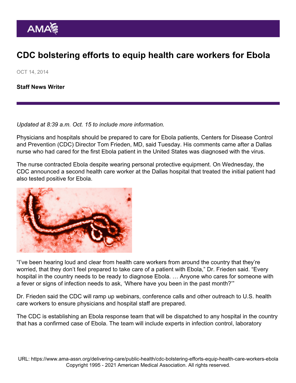 CDC Bolstering Efforts to Equip Health Care Workers for Ebola