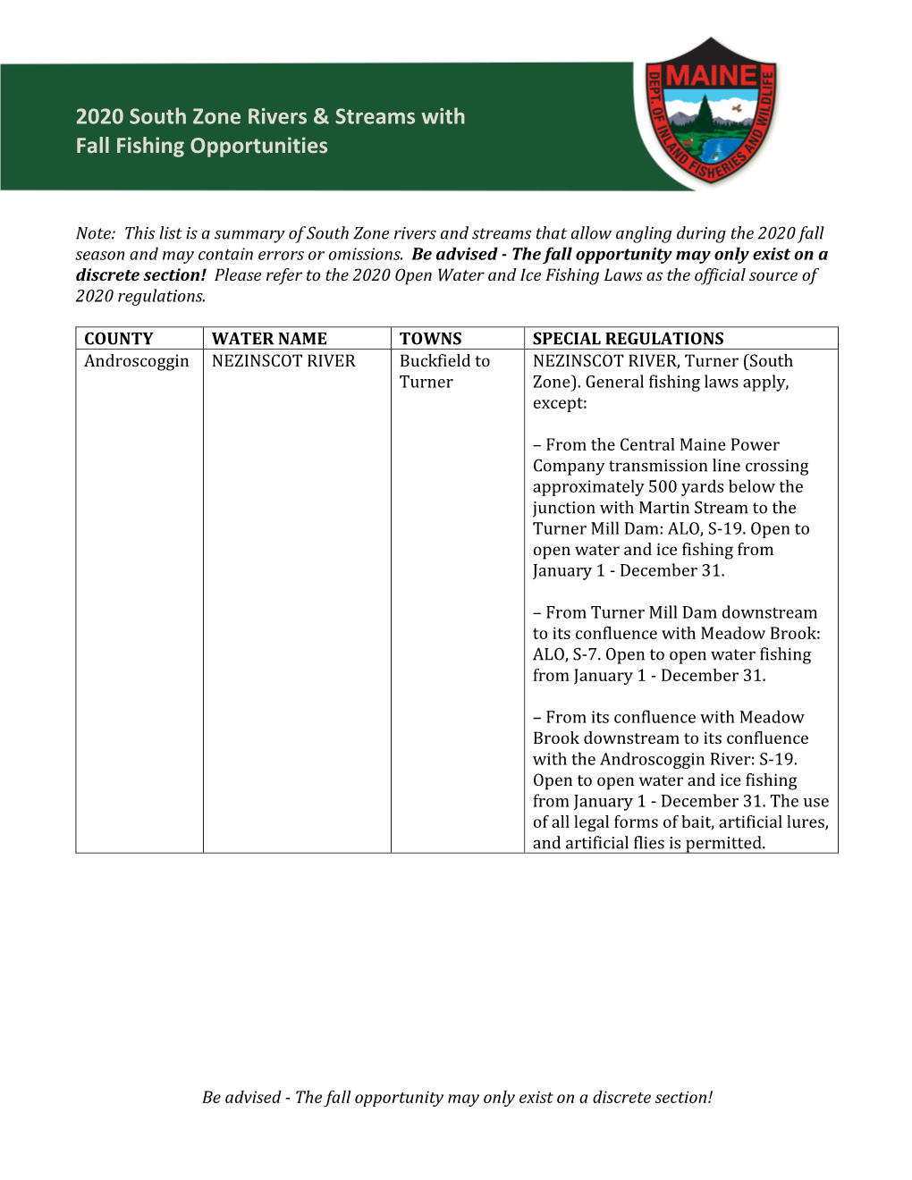 2020 South Zone Rivers & Streams with Fall Fishing Opportunities