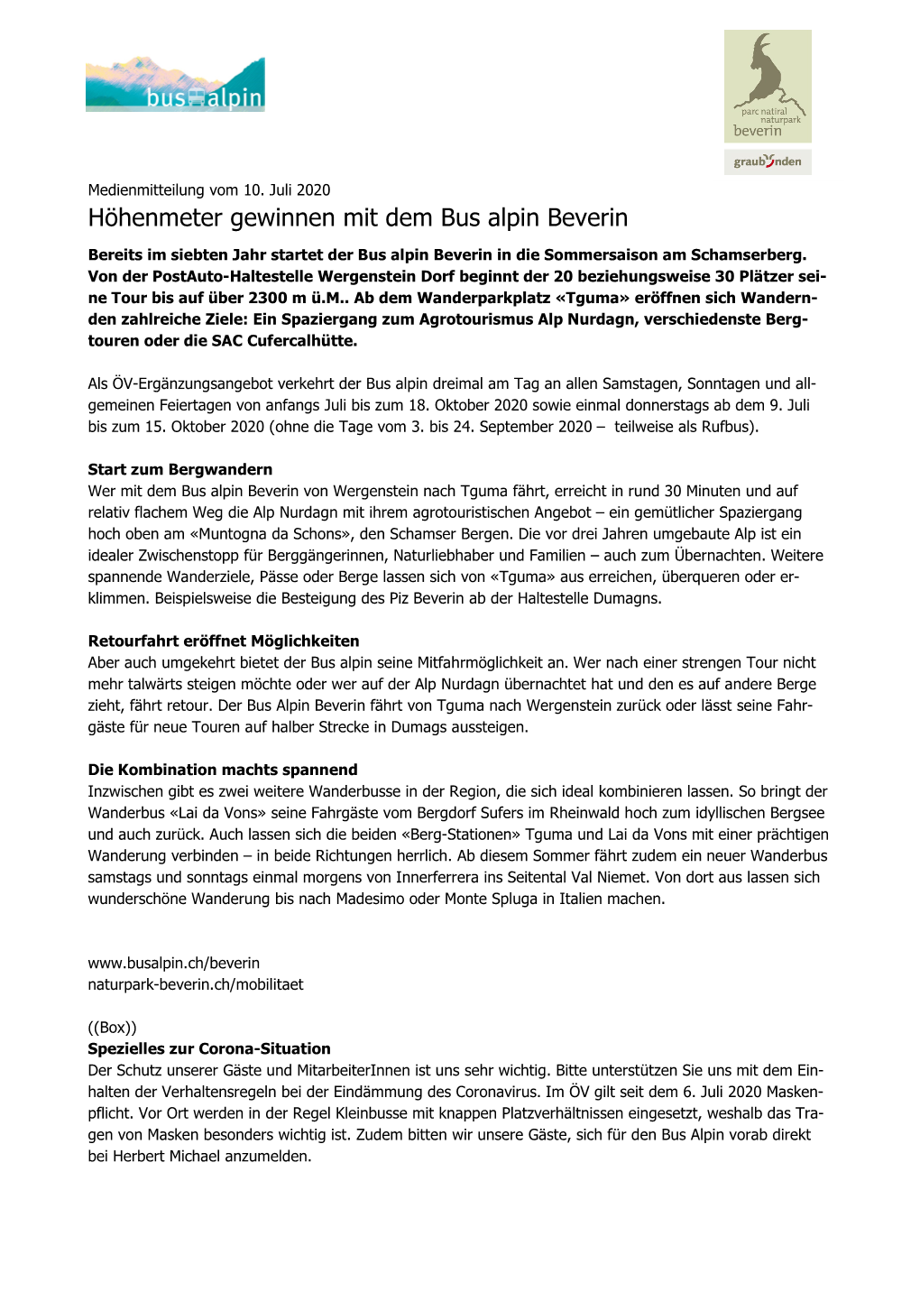 Medienmitteilung Region Beverin, 10. Juli 2020