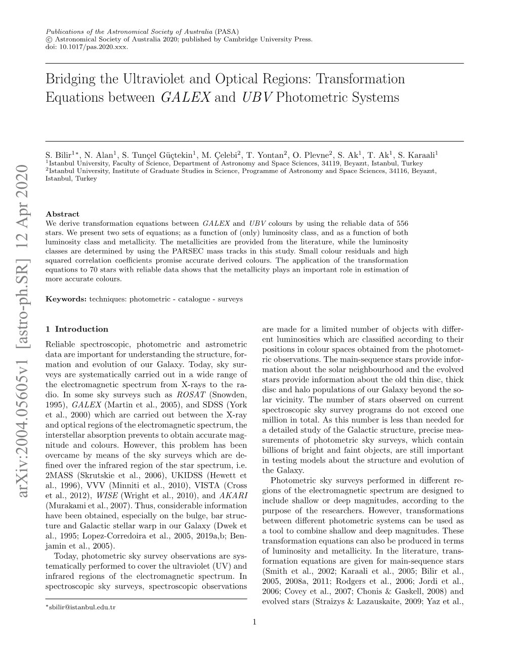 Transformation Equations Between GALEX and UBV Photometric Systems