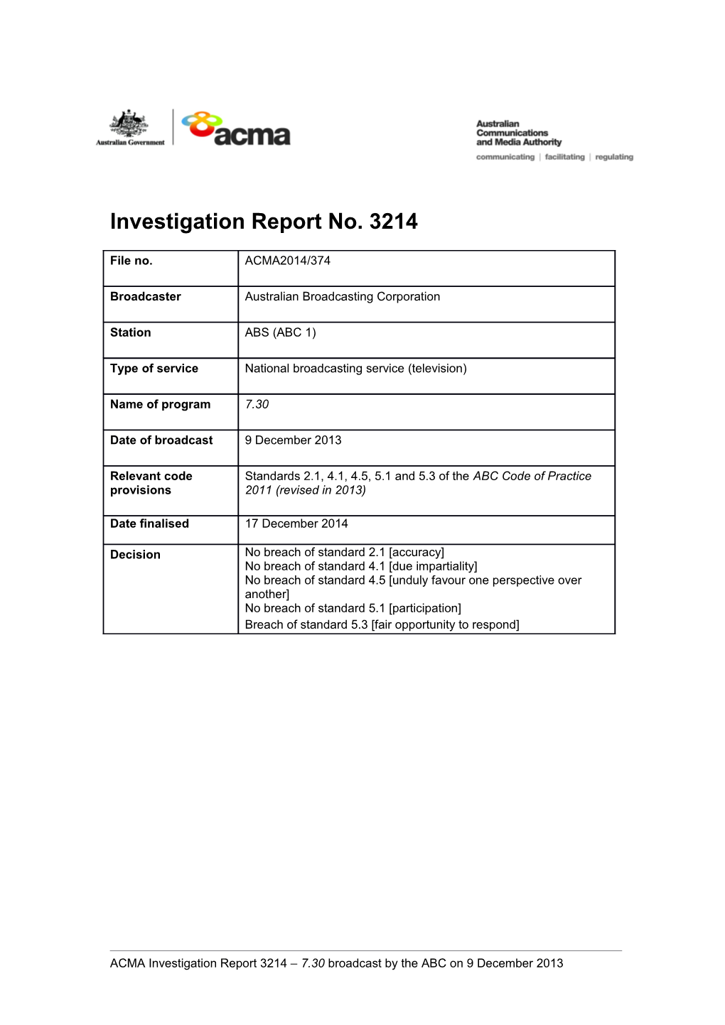 Investigation Report No. 3214