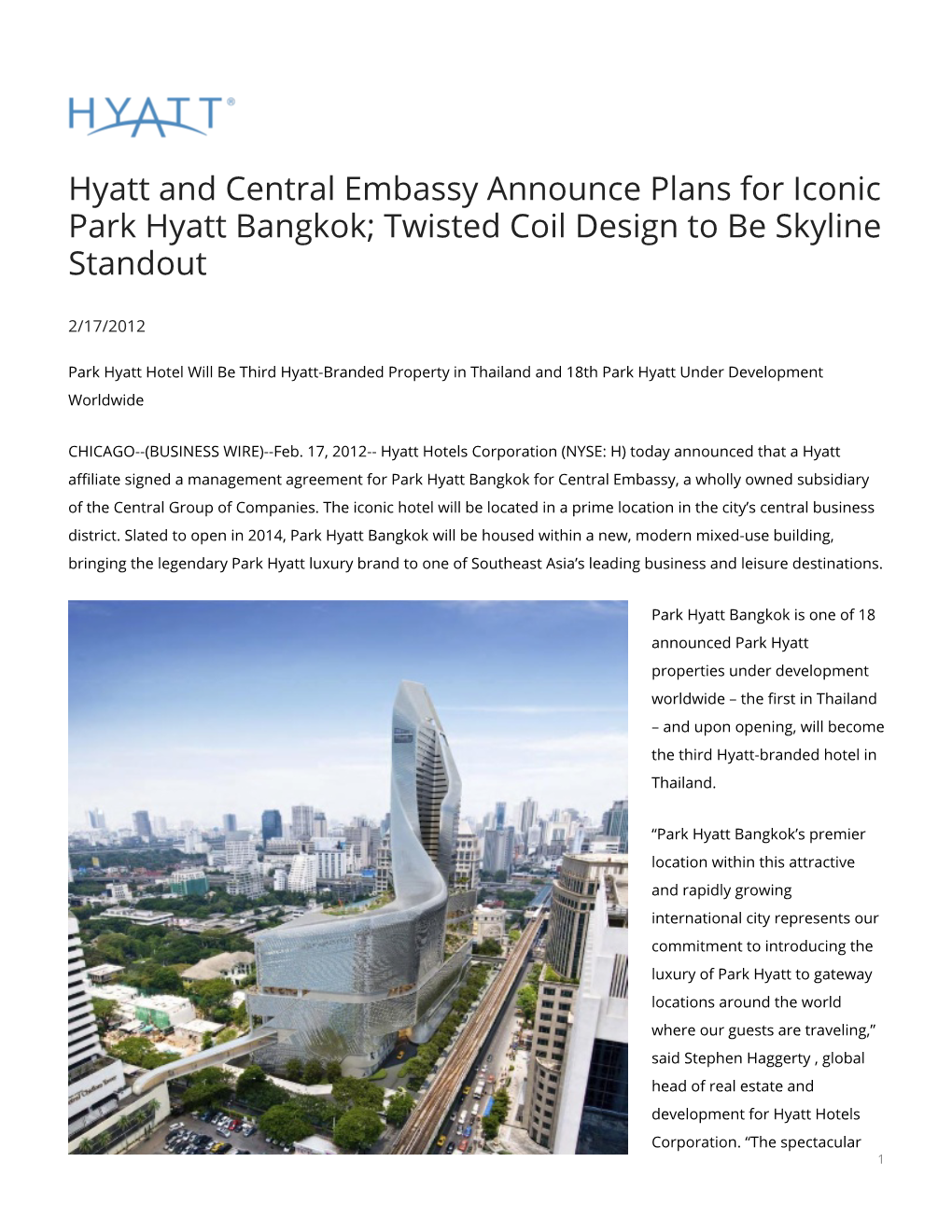 Hyatt and Central Embassy Announce Plans for Iconic Park Hyatt Bangkok; Twisted Coil Design to Be Skyline Standout