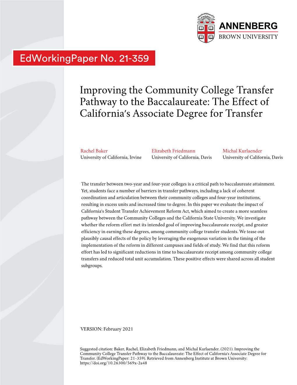 Improving the Community College Transfer Pathway to the Baccalaureate: the Effect of California’S Associate Degree for Transfer