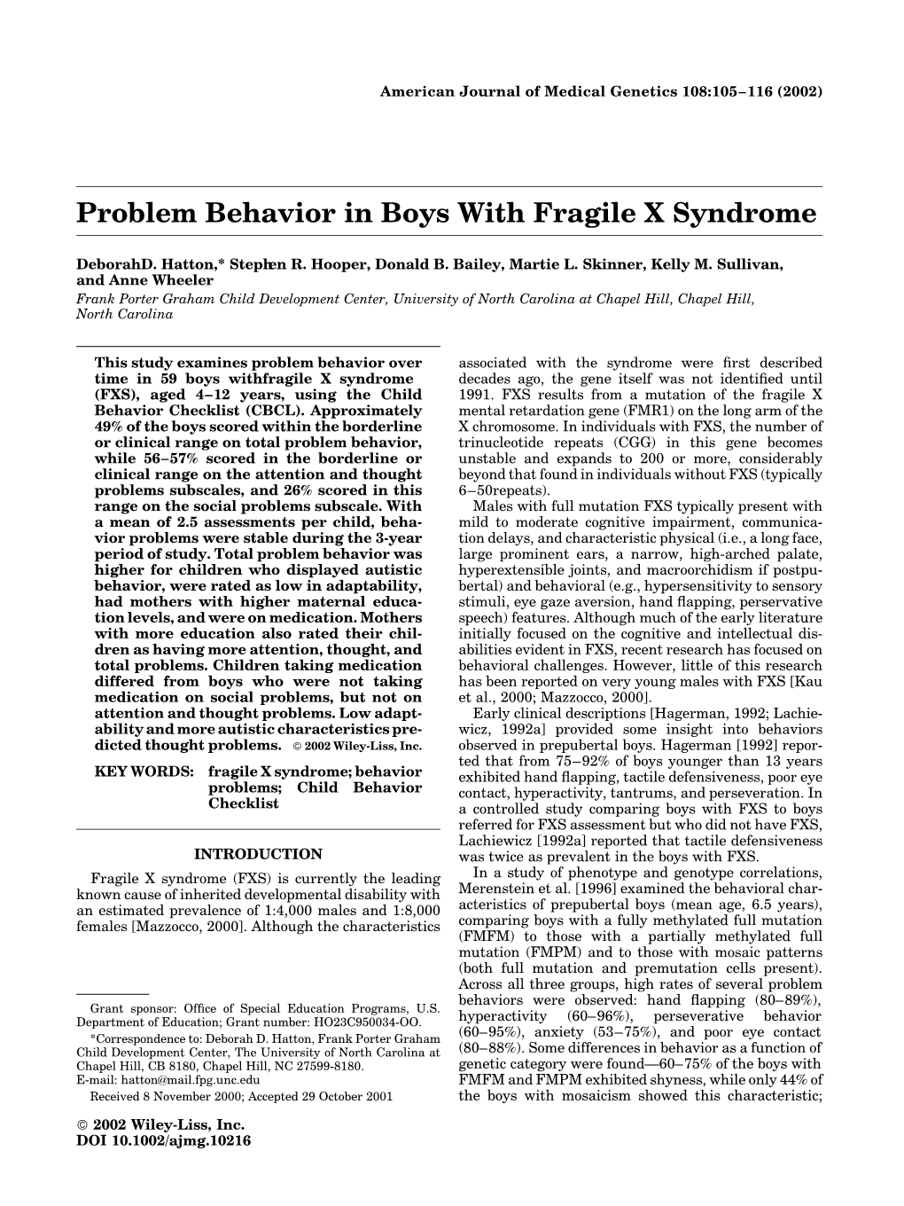 Problem Behavior in Boys with Fragile X Syndrome