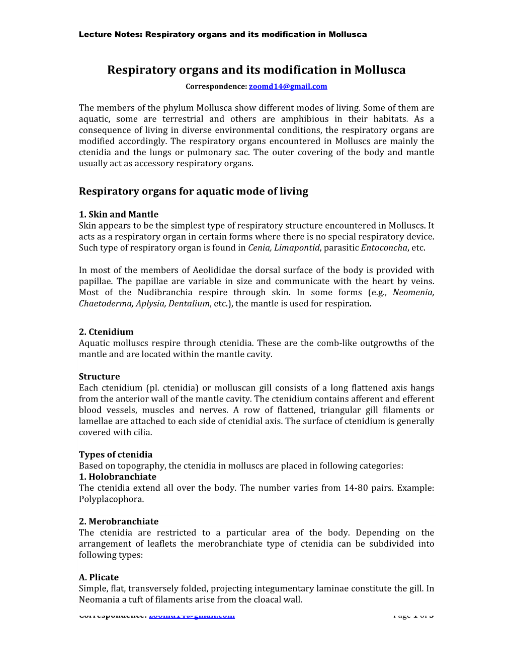 Respiratory Organs and Its Modification in Mollusca