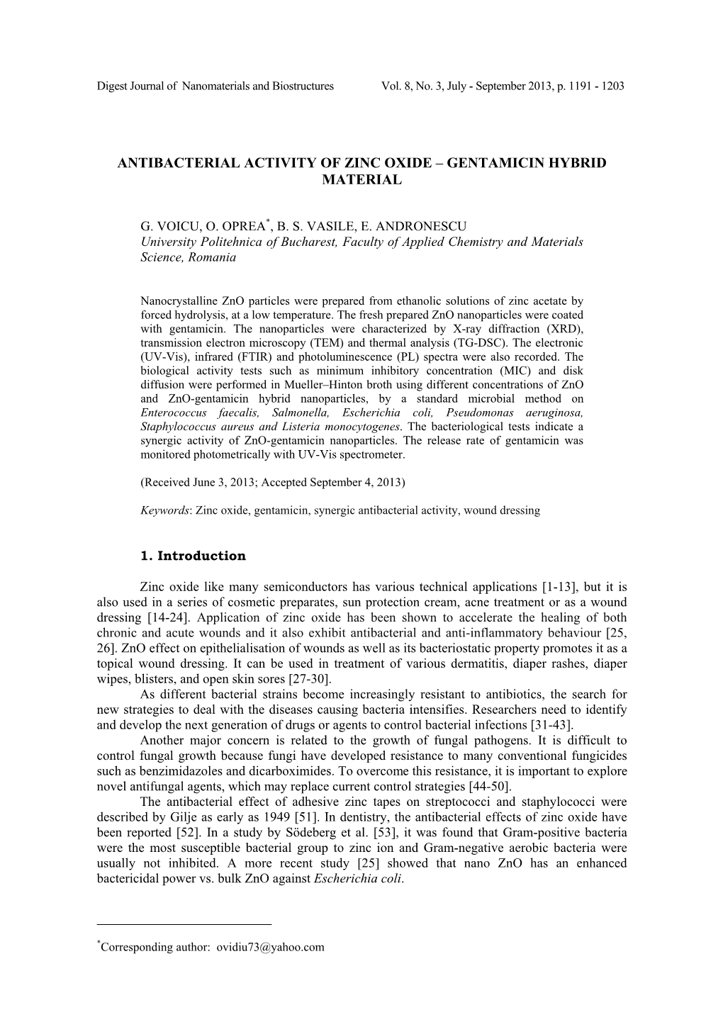 Antibacterial Activity of Zinc Oxide – Gentamicin Hybrid Material