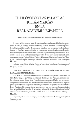 El Filósofo Y Las Palabras. Julián Marías En La Real Academia Española