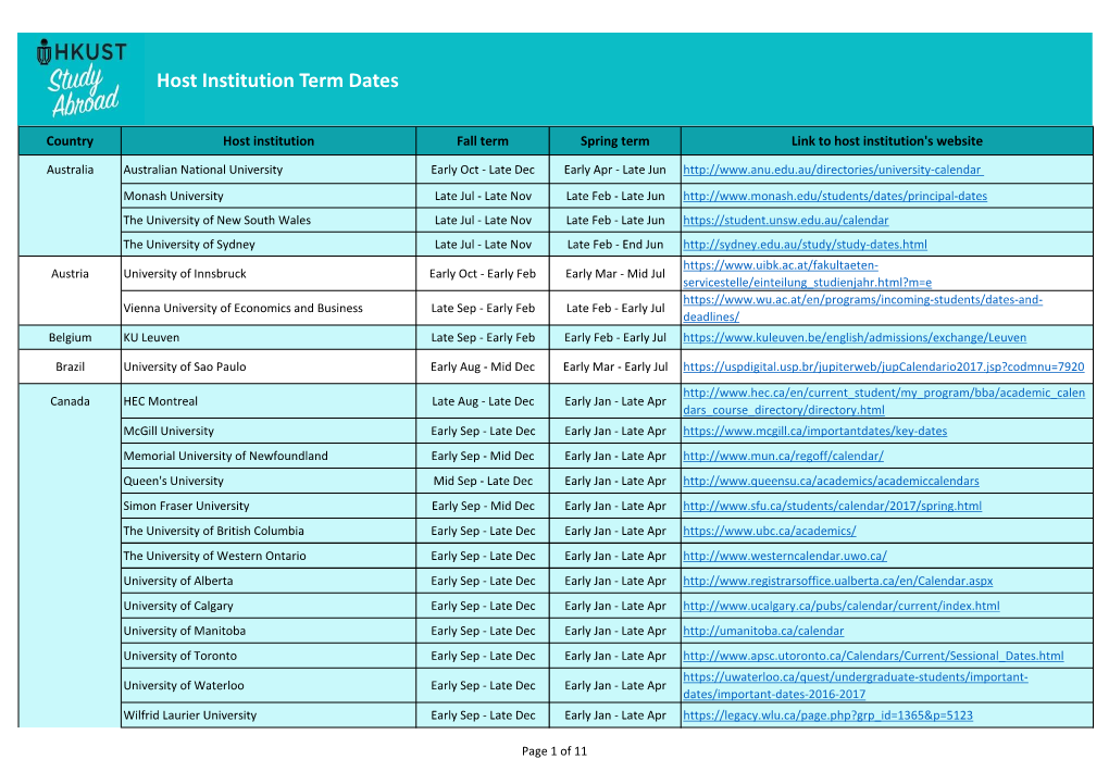 Host Institution Term Dates