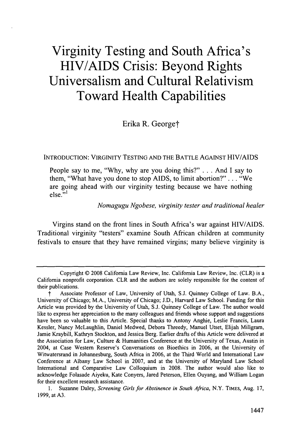 Virginity Testing and South Africa's HIV/AIDS Crisis: Beyond Rights Universalism and Cultural Relativism Toward Health Capabilities