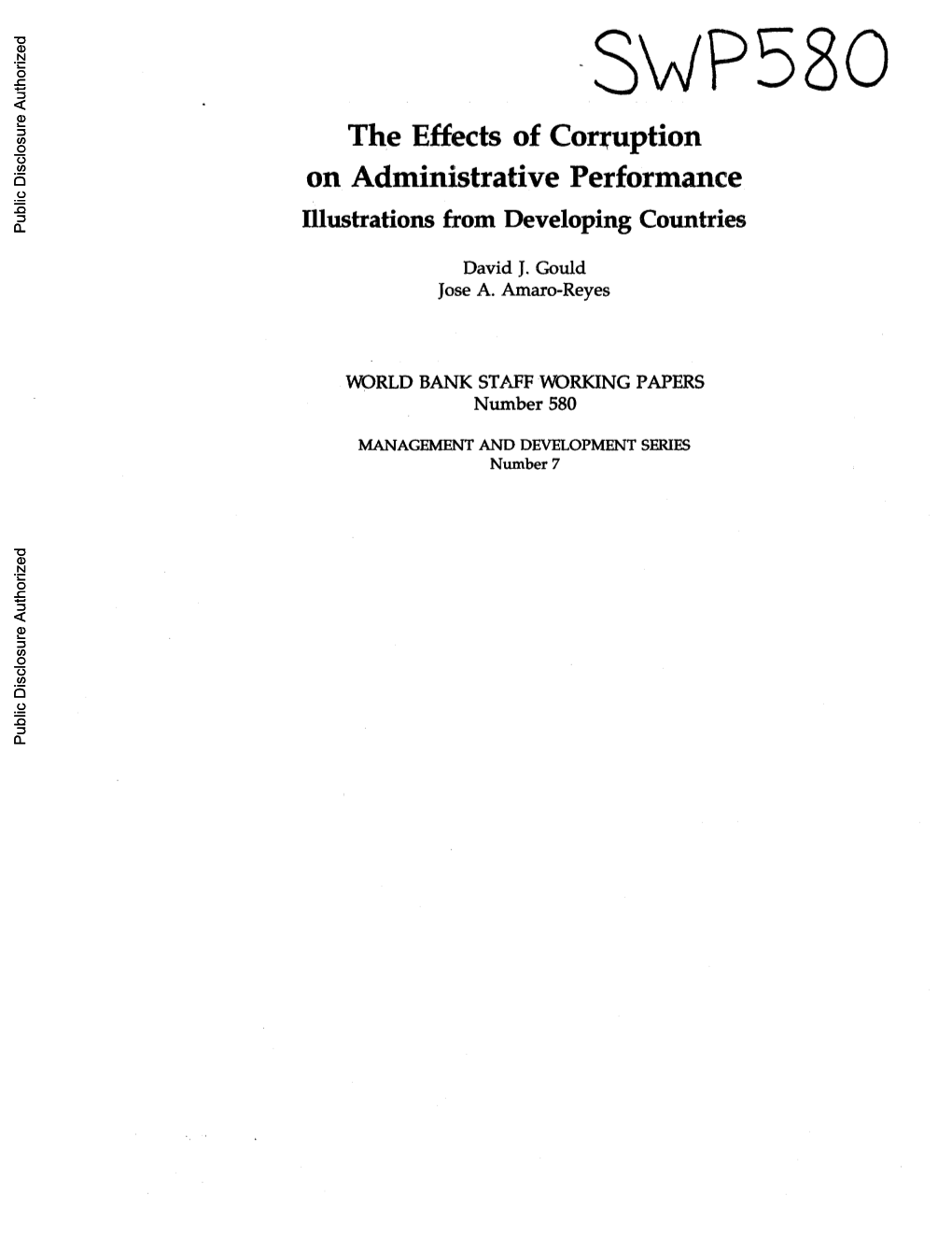 The Effects of Corruption on Administrative Performance Countries Public Disclosure Authorized Illustrations from Developing