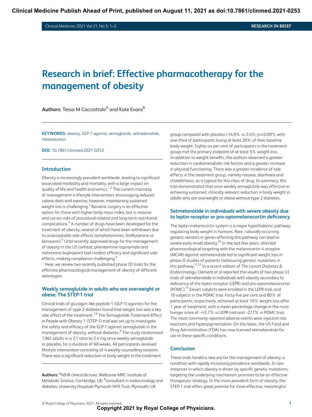 Effective Pharmacotherapy for the Management of Obesity